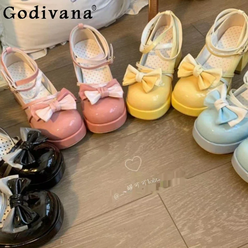 

Japanese Original Bow Patchwork Love Hollow Heel Lolita Princess Shoes Girl Sweet Elegant Beautiful Pink High Heels Women Pumps