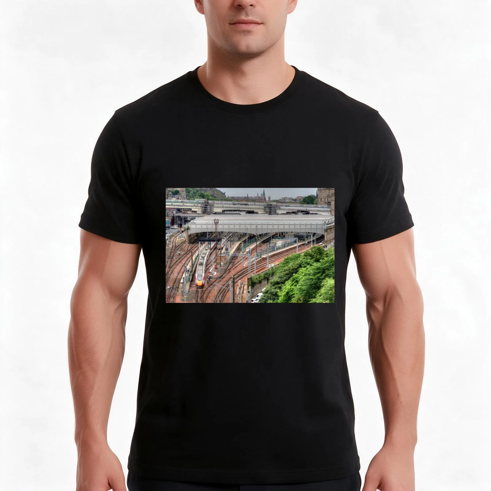 Edinburgh Waverley T-Shirt, Summer Casual Cotton Tee, Oversized Streetwear Tops, Vintage Graphic Print, Loose Fit Short Sleeve