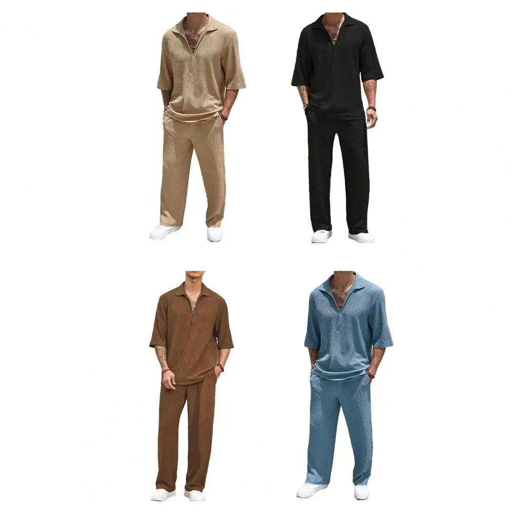 

Mens Casual Two Piece Sets Beach Vintage Basic Shirts and Pants Solid Color Casual Suit Male Hawai Tracksuits Set