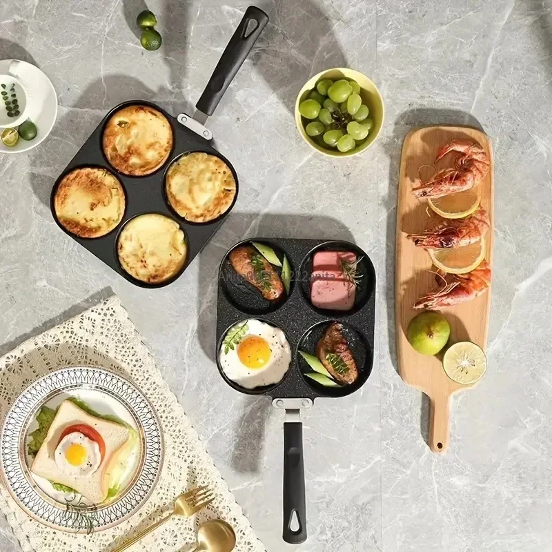1pc Medical Stone Four-Hole Omelette Pot Household Non-Stick Flats-Bottomed Egg Dumpling Pot Breakfast Egg Burger Frying Pan