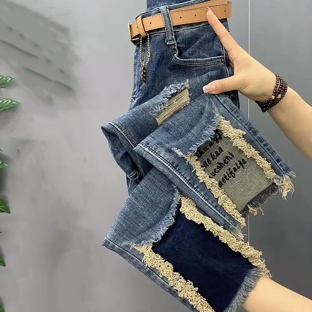 Korean Style High Waist Patchwork Raw Edge Jeans Female Autumn Chic Trouser Women Slim Hole Denim Pants Straight Blue Jeans Lady