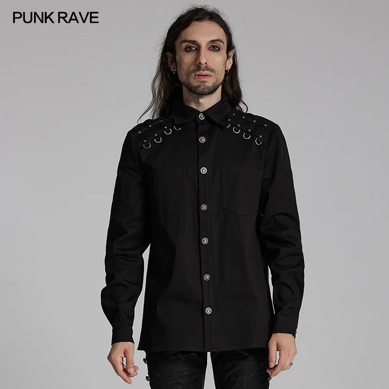 

PUNK RAVE Men Punk Black Cotton Long Sleeve Shirt with Metal Eyelets on Shoulders WY1691