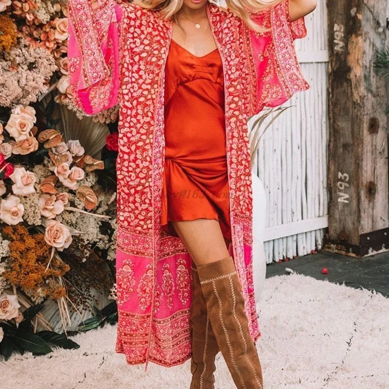 Nữ Mùa Xuân Kỳ Nghỉ Voan Áo Khoác Cardigan Kimono Retro Đỏ In Hoa Đồ Bơi Che Lỏng Lẻo Giữa Bắp Chân Đầm Maxi Dài Đi Biển đầm