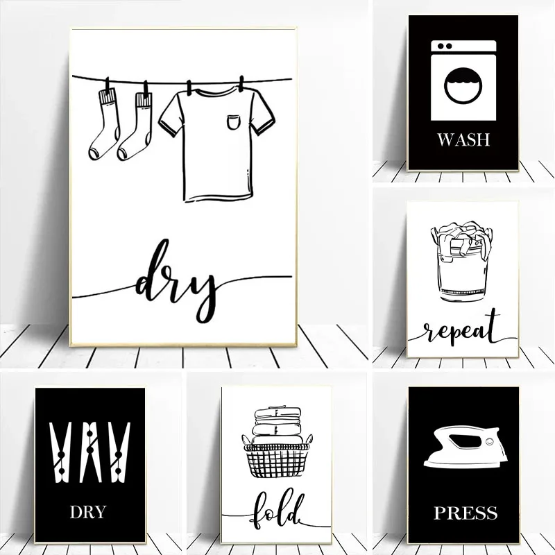 Laundry Shop Wash Dry Press Poster Sign Wall Art Pictures Black White Prints Canvas Painting for Bathroom Home Decoration