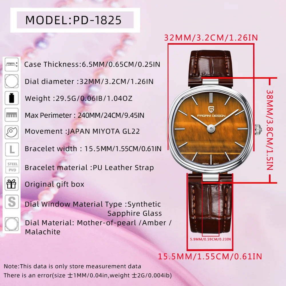 New PAGANI DESIGN Retro Oval Women's Watch Japan GL22 Quartz Movement Amber Stone Tray Sapphire Casual Dress Watch
