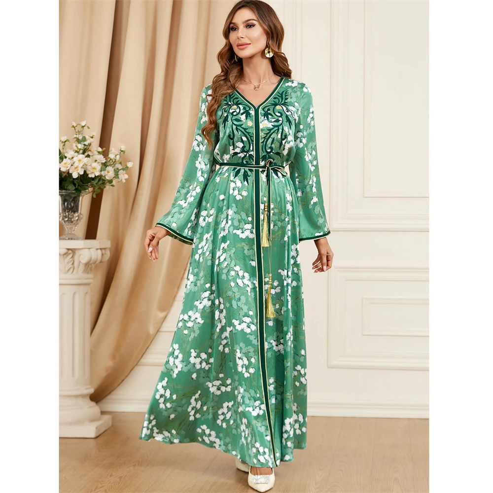 Vestido islámico árabe con bordado Floral para mujer, traje musulmán con cinturón para fiesta de noche, Ramadán, Jalabiya, Abaya