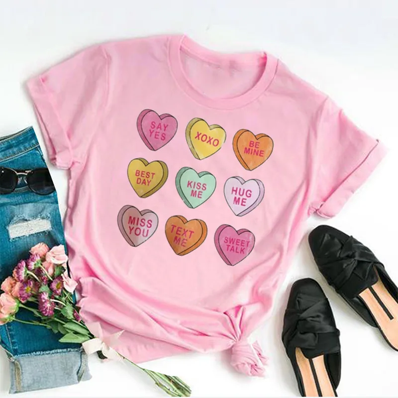 Valentines Conversation Hearts Valentines Groovy Retro Trendy womens V day Sublimation Short Sleeve Top Tees O Neck harajuku