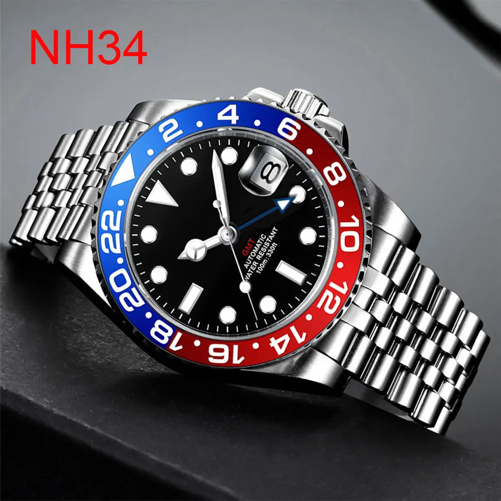 Custom New Men Mechanical Wristwatch Jubilee Stainless NH34 GMT Watch Sapphire Glass Men Watches reloj hombre