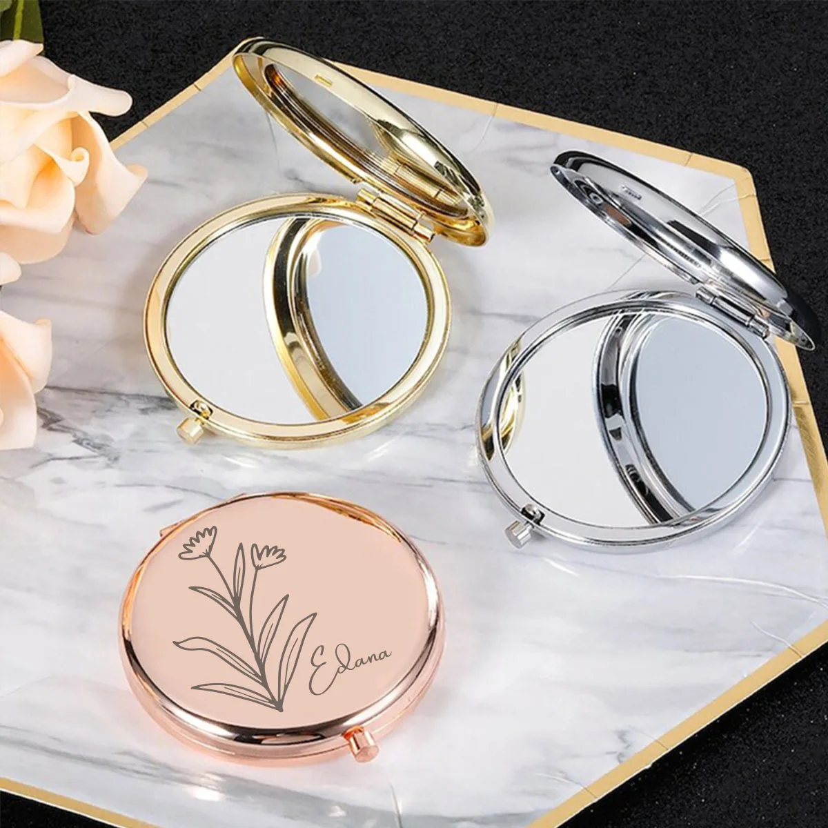 1pc Creative flower Custom Name Makeup Mirror Fold Mirror Round Circle Mirror Folding Mirror Pocket Mirror Wedding Guest Gifts