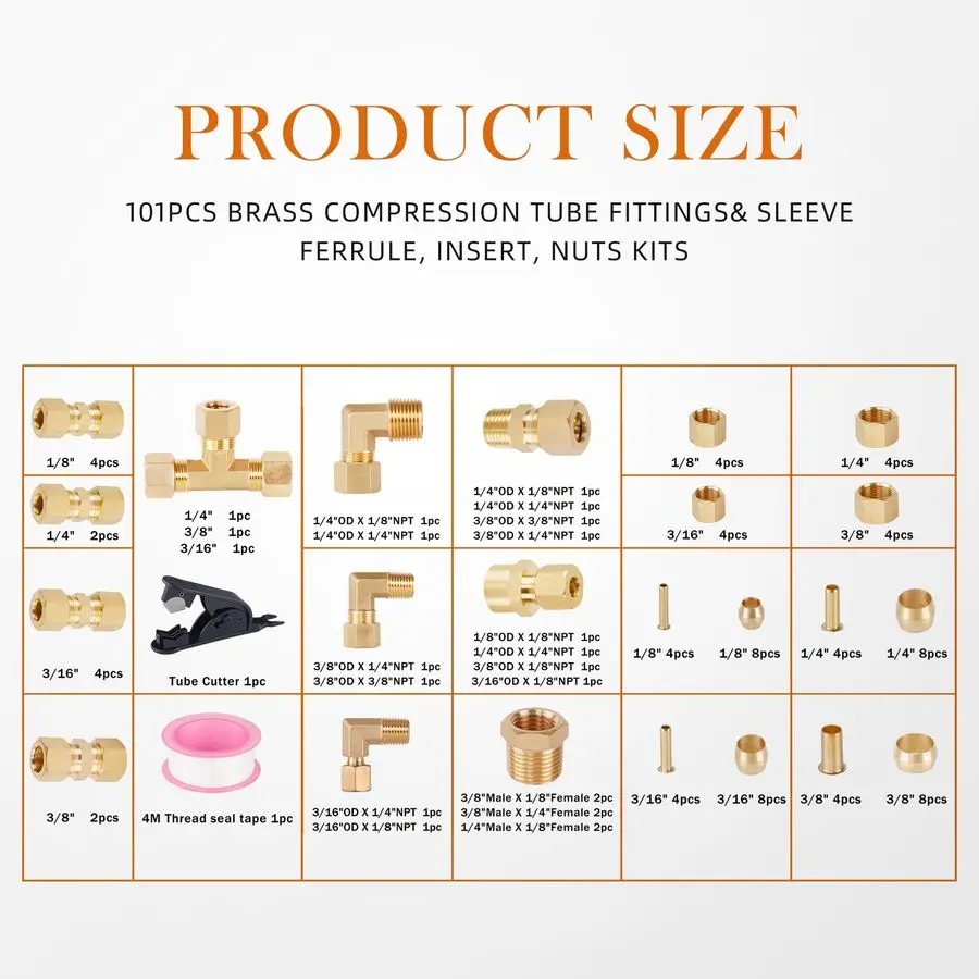 Messing-Kompressionsrohr-Rohrverschraubungen, Luft-Nylon-Rohrverschraubungen, Sortimentskits, 1, 4, 1, 8, 3, 1, 2, 5, 8, Verbindungs-T-Stück, gerade Verbindung