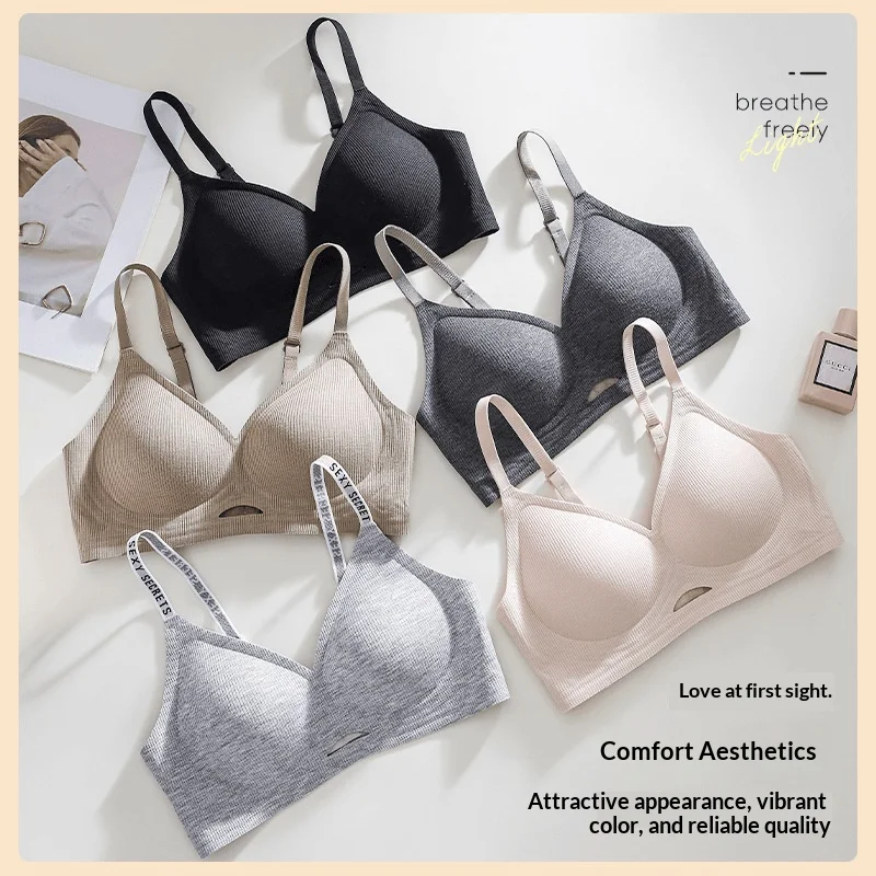 Seamless Gel-Lined Semi-Structure Cup Bra for Women Sensual Lace-Up Letter Design Small-Cup Push-Up Support Anti-Sagging Bra