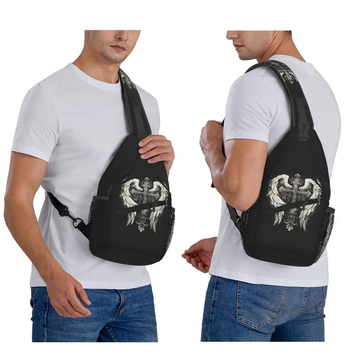 

Cross Crucifixion Cross With Black Wings Chest Bag Men Sling Crossbody Backpack Chest Bag Traveling Hiking Daypack Shoulder Bag