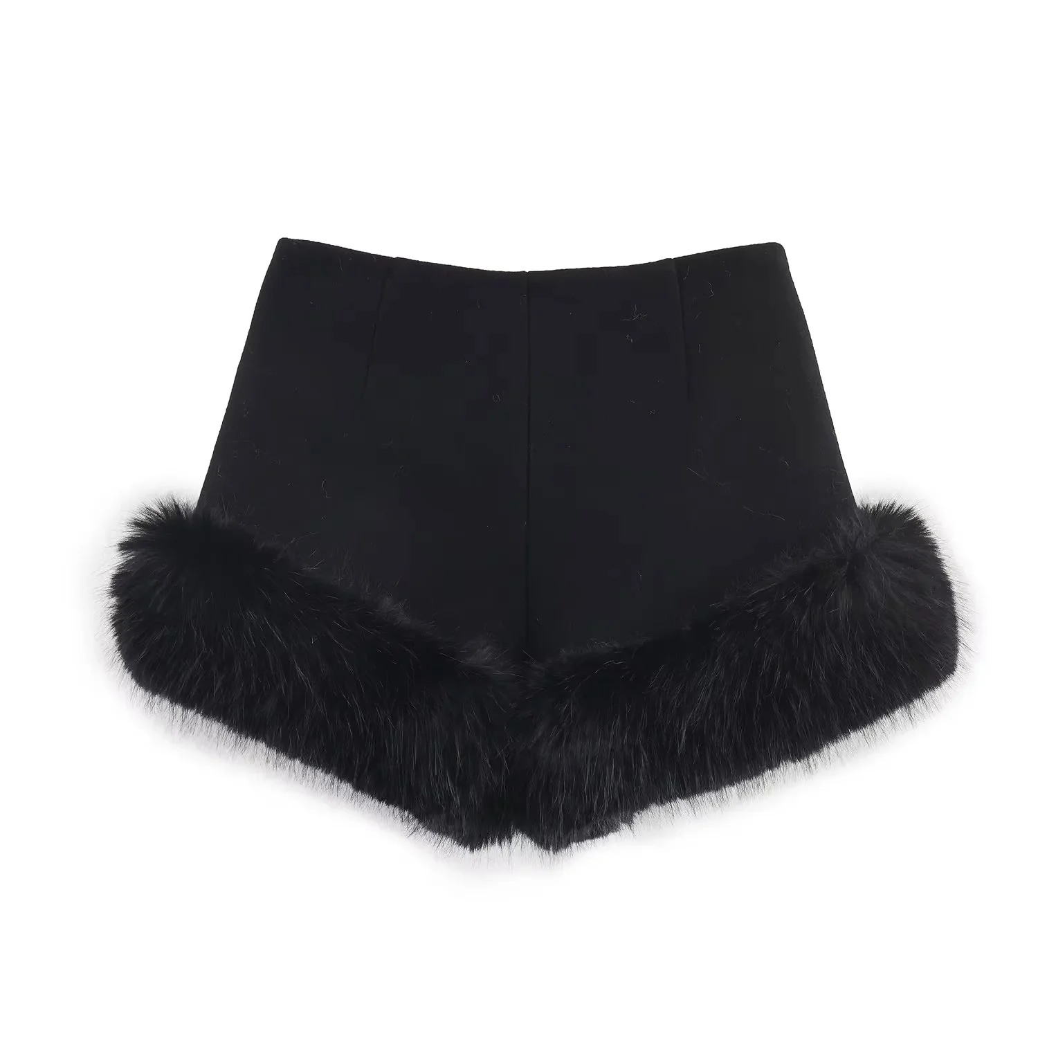 KONDALA 2025 Fall Winter Faux Fur Patchwork Women Black Casual Shorts Fashion Christmas Elegant Zip Up Ladies High Waist Shorts