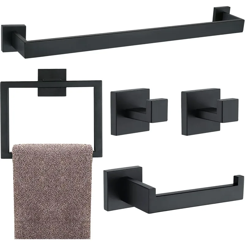 5 Pieces Bathroom Hardware Accessories Set Matte Black,24Inch Towel Racks for Bathroom,Bathroom Towel Rack Set Stainless Steel