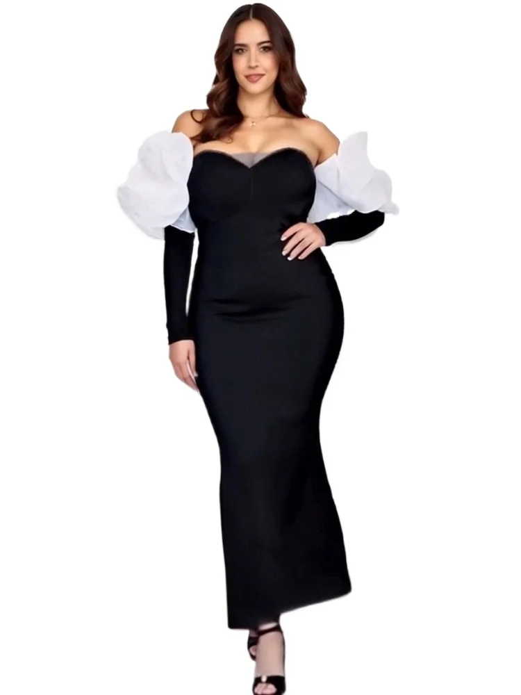 

African Dresses For Women Off The Shoulder Long Sleeve Robes 2025 New Fashion Solid Slim Draped African Maxi Dress Vestidos