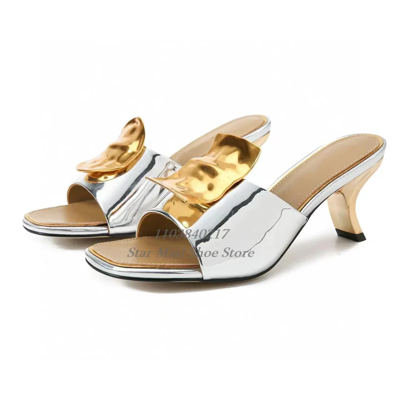 Sexy Peep Toe Square Toe Women Slippers Metal Decorated Strange Style Medium Heel Slippers Novel Street Women Slingback Sandals