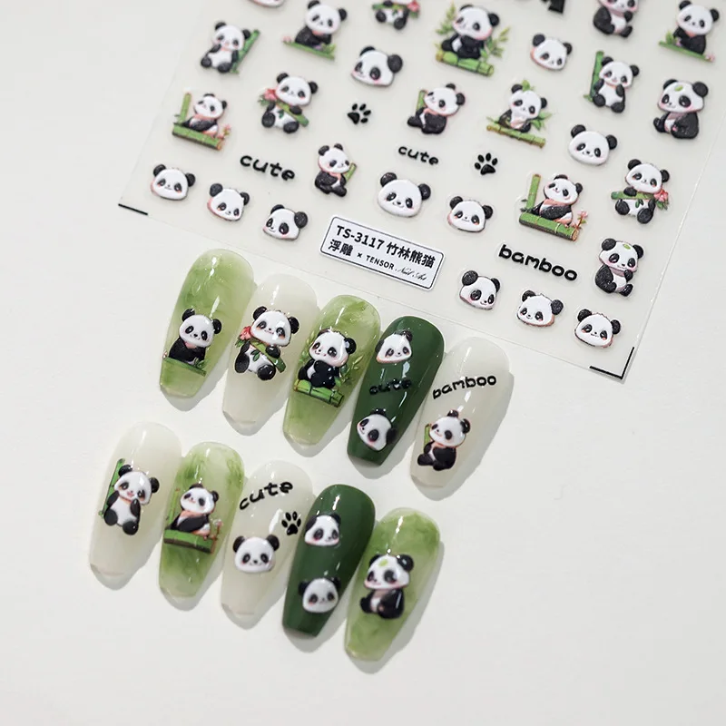 1pcs 5D Embossed Chinese Bamboo Panda Design Nail Art Kawaii Stickers Self-adhesive Transfer Nail Decorations Slider Decals DIY