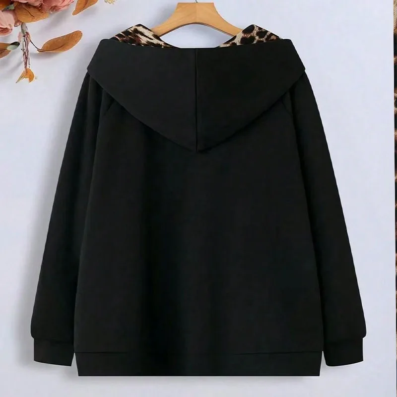 Outono novo leopardo impressão plus size casual casaco de cor sólida, casaco feminino de manga comprida com zíper