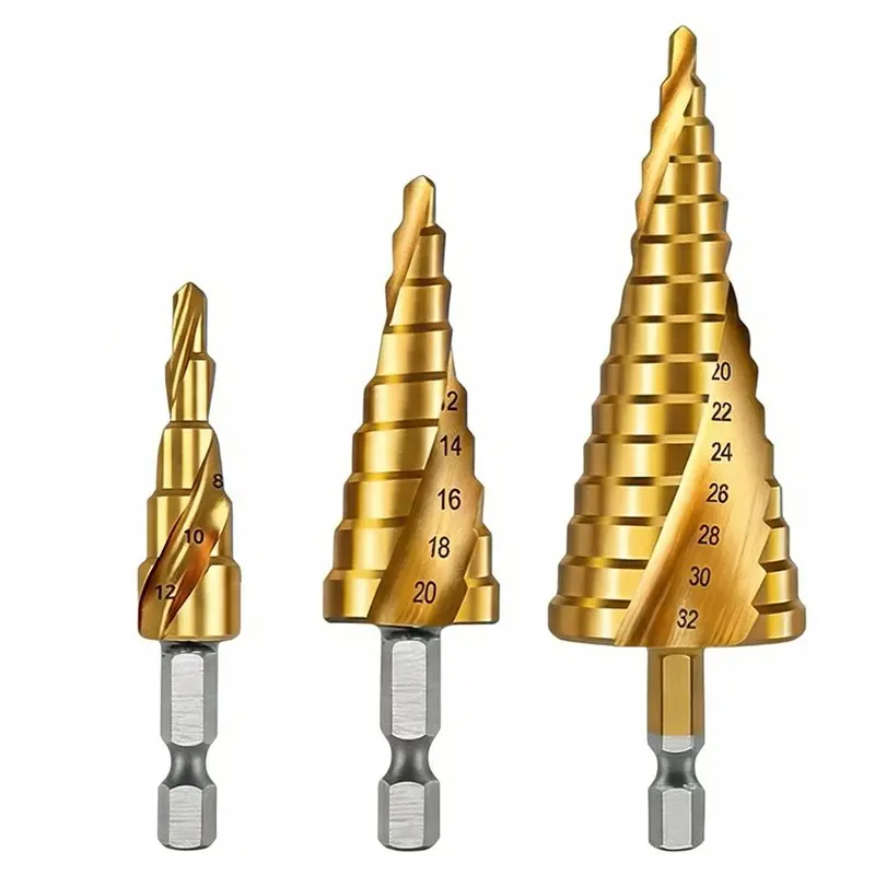 

ABUI-Hole Opener Spiral Groove Pagoda Step Drill Bit Set, Hex Shank Cone Drilling Tool