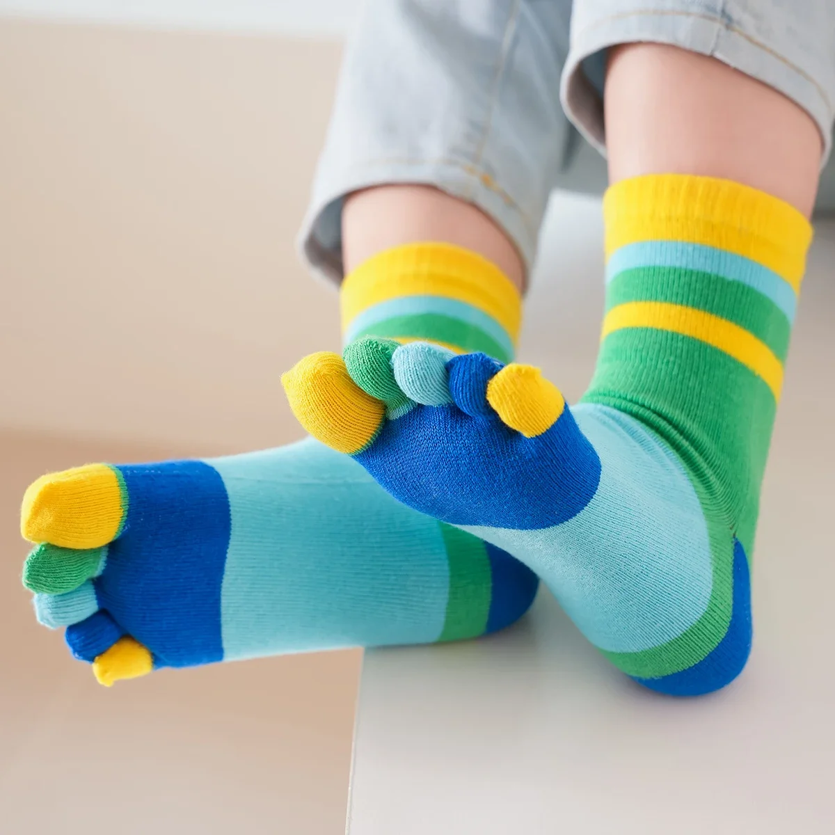 

5 Pairs New Five Toe Socks for Children, Breathable, Comfortable Cute Deodorant Colorful Striped Short Cotton Socks Fashionable
