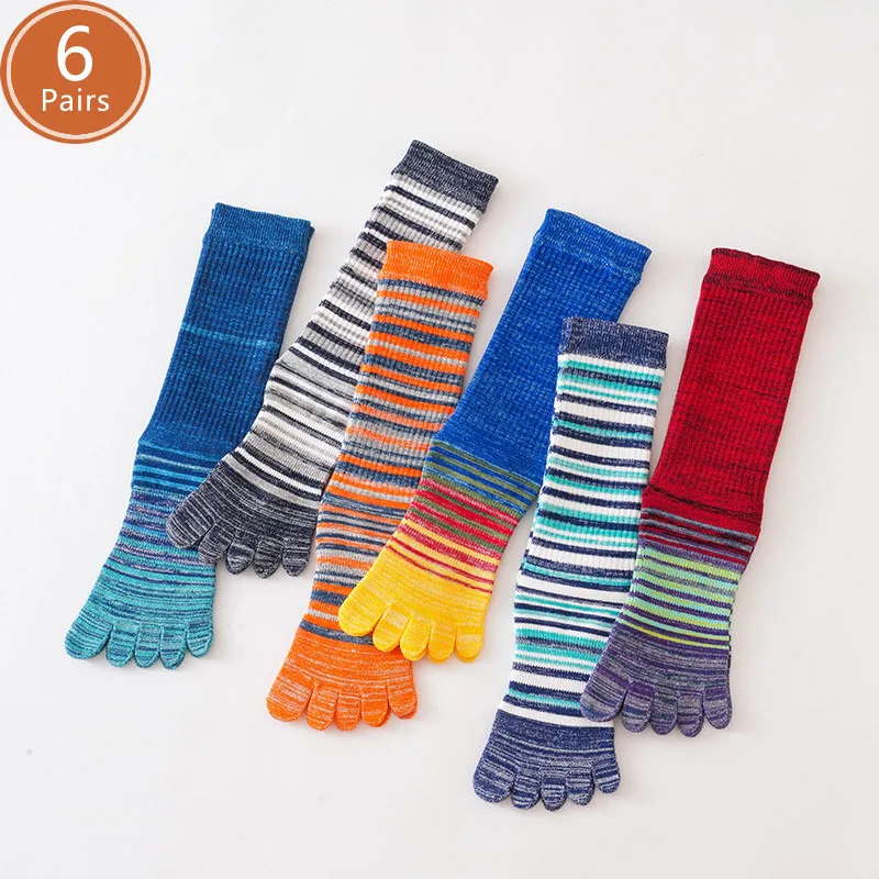 1/6 Pairs Man Toe Socks Long Plus Large Size Cotton Colorful Striped Compression Sport Fitness Happy 5 Finger Calf Socks EU40-46