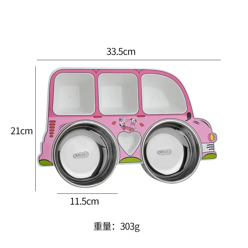 304 Stainless Steel Children\'s Car Plate Can Be Disassembled And Washed Baby Food Bowl Creative Cartoon Grid Plastic Plate Set