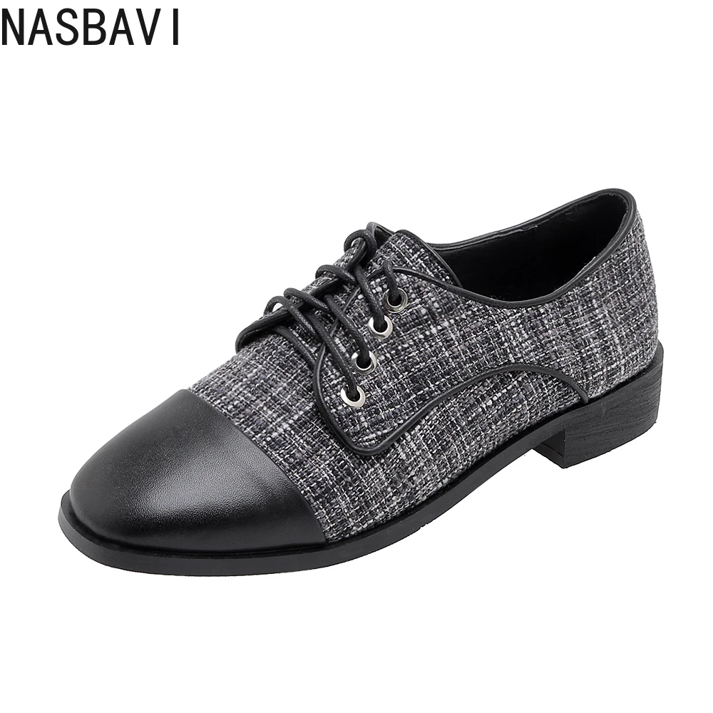 

NASBAVI Patchwork Women Derbies Black Brown Microfiber Fabric Thick Heel Brogues Office Ladies Vintage Lace Up Square Toe Flats