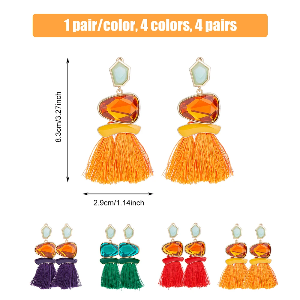 4 Pairs Vintage Tassel Dangle Earrings Boho Tassel Fringe Dangle Drop Earrings Tassel Stud Earrings Christmas Jewelry