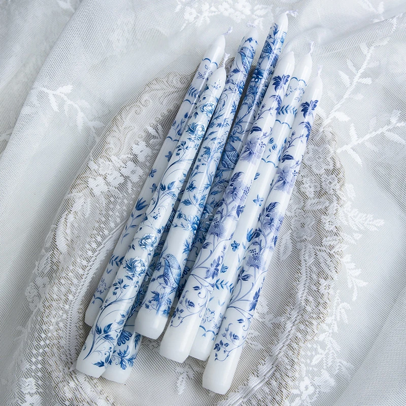 2 Stück lange Kerzen im chinesischen Stil, handbemalt, blaue und weiße Porzellankerze, Sojawachs-Duftkerzen, Party, Hochzeit, Heimdekoration