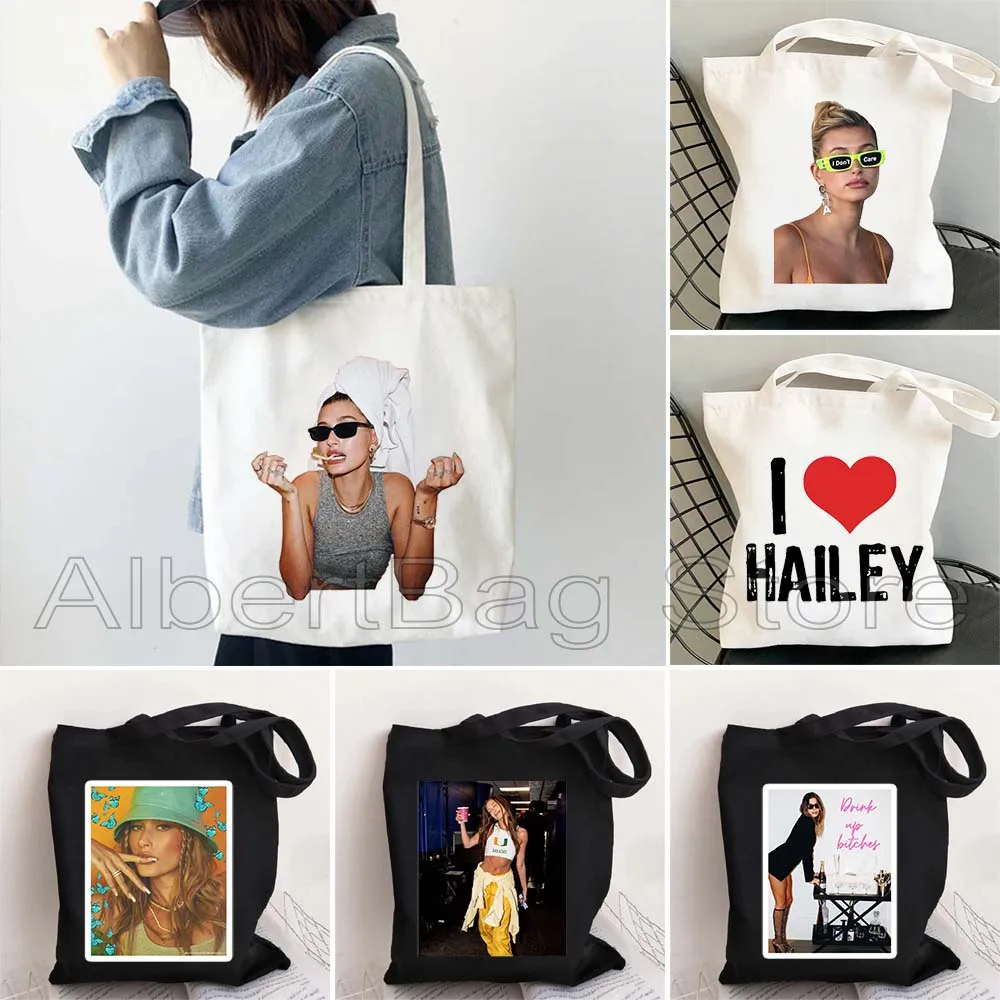 Funny Cute Fashion Hailey Bieber Love Heart Queen Girl Women Canvas Tote Bag Shoulder Shopper Reusable Cotton Handbag Books Bags