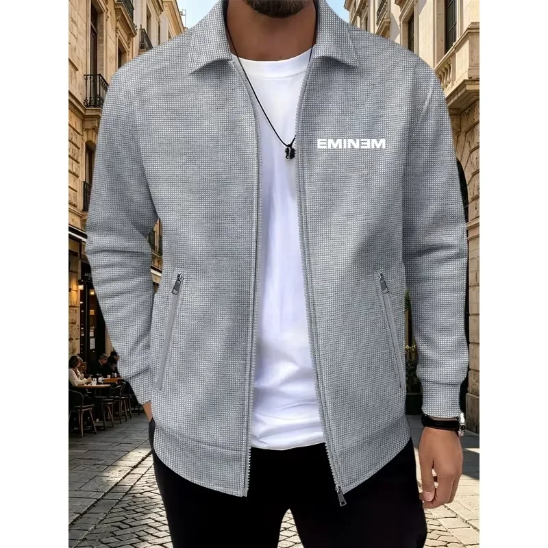 Men's Turn Down Collar Zip Up Jacket Eminem Letter Print Waffle Texture Casual Coat Autumn Long Sleeve Streetwear Male Outerwear view 3