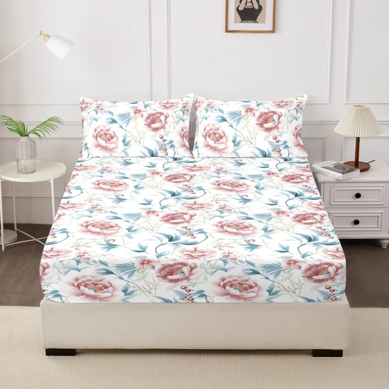 Polyester 3pcs Printed Sanding Fitted Sheet and pillowcases Set Elastic Band Around Mattress Cover King Size Bed Cover