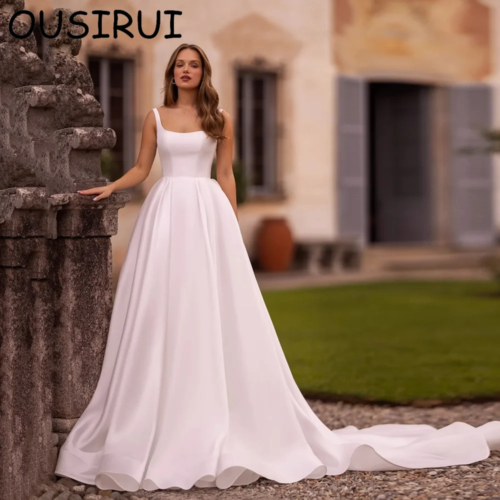 

OUSIRUI Radiant Square Collar Satin Solid Wedding Dresses with Lace Button A-line Sweep Court Bridal Gown Vestido de novia