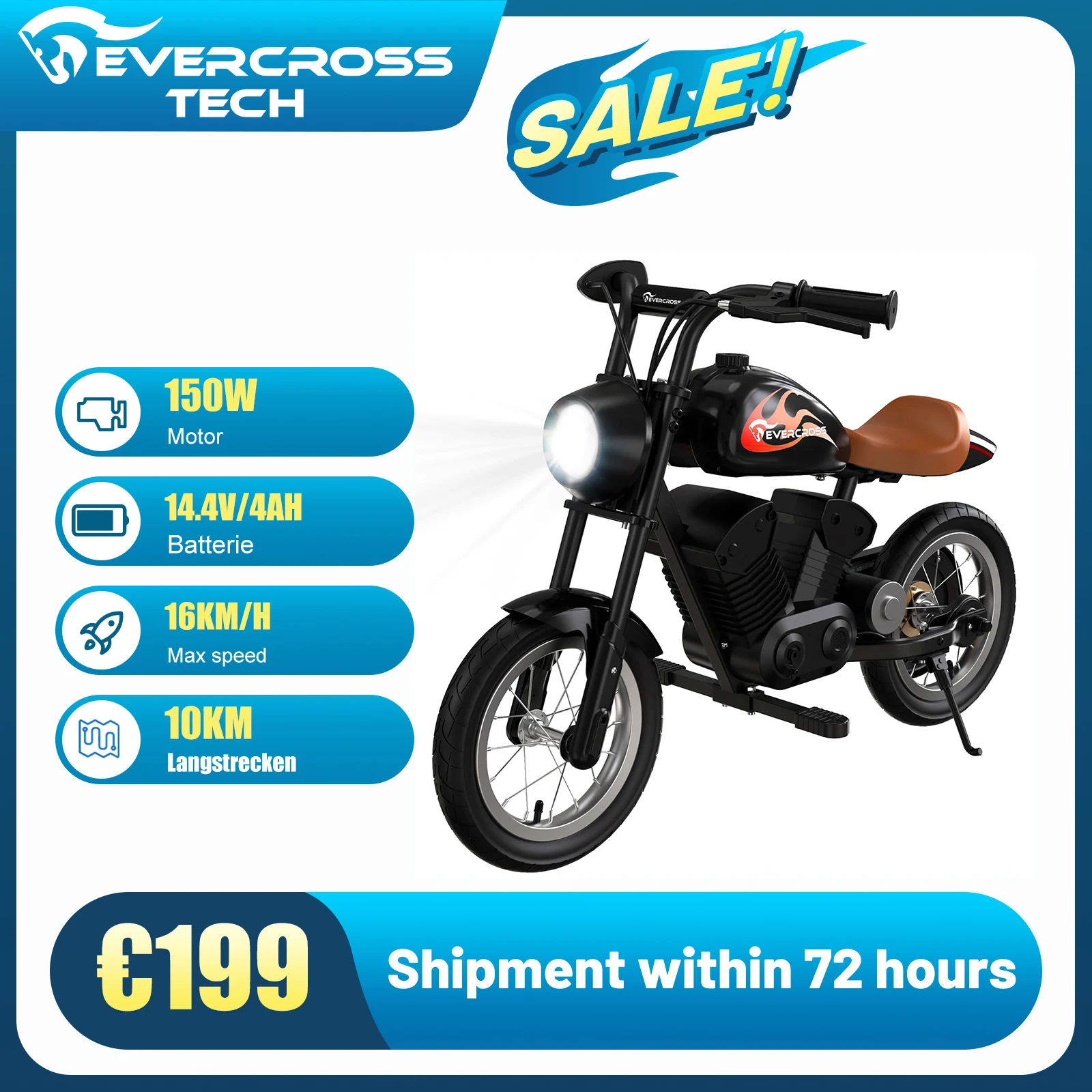 EVERCROSS TECH EV 08M Child Electric Motorbike, Motor 150W, speed Modes 8/16 km/h, 10 km range, 12 tires, Vintage Style