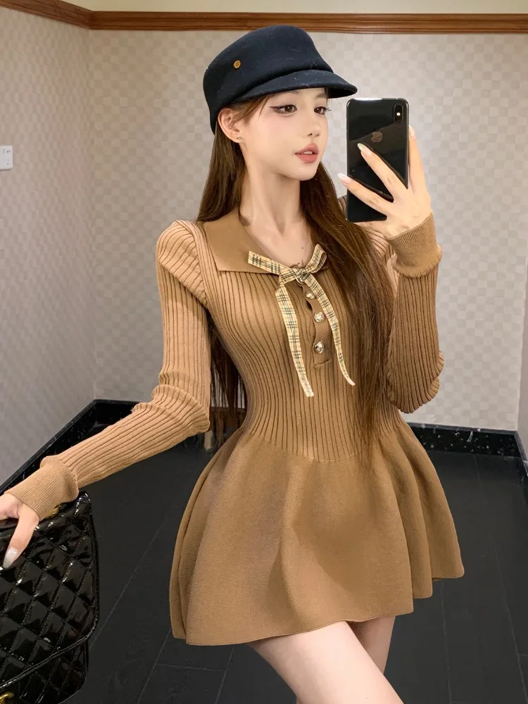 

Slim Fit Collar Knot Long Sleeve Knitted A-Line Dress Short Skirt Women's Fashion College Style Versatile