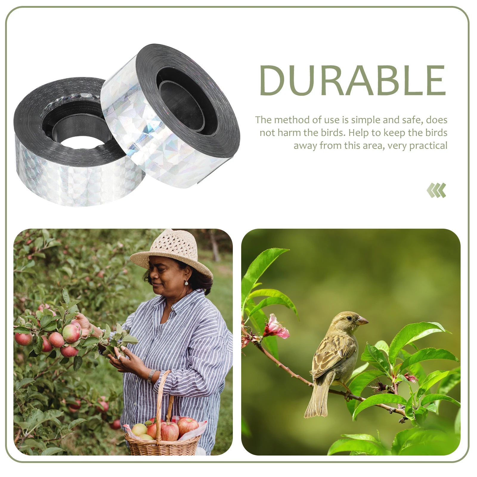 

2 RollsDouble SidedGarden Bird Scaring Tape High Brightness Hanging Ribbon Durable Shine Pest Control for Fruit