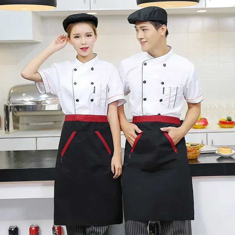 Uniforme de Chef, conjunto de verano de manga corta, ropa de trabajo de cocina para restaurante, Hotel, chaqueta fina transpirable para hombres y mujeres jóvenes, sombrero y delantal