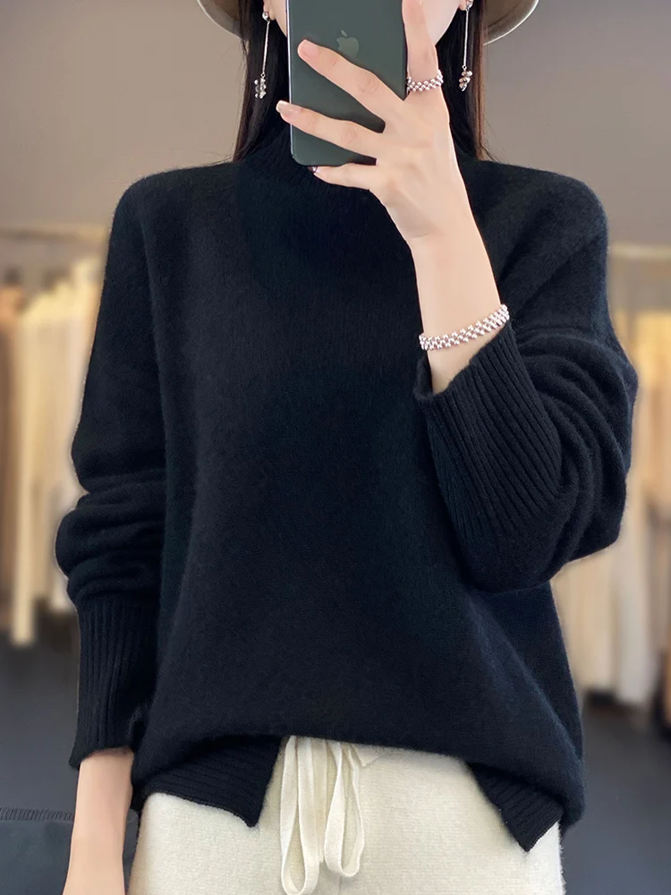 Autumn Winter Women Mock Neck Pullover 100% Merino Wool Sweater Long Sleeve Loose Shoulder Casual Cashmere Knitwear Tops