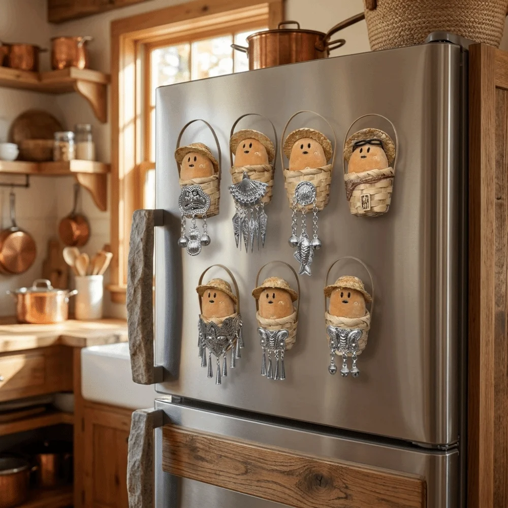 Bamboo Basket Design 3D Plush Potato Fridge Magnet Soft with Bell Mini Fridge Sticker Handmade Potato Doll Refrigerator Magnets