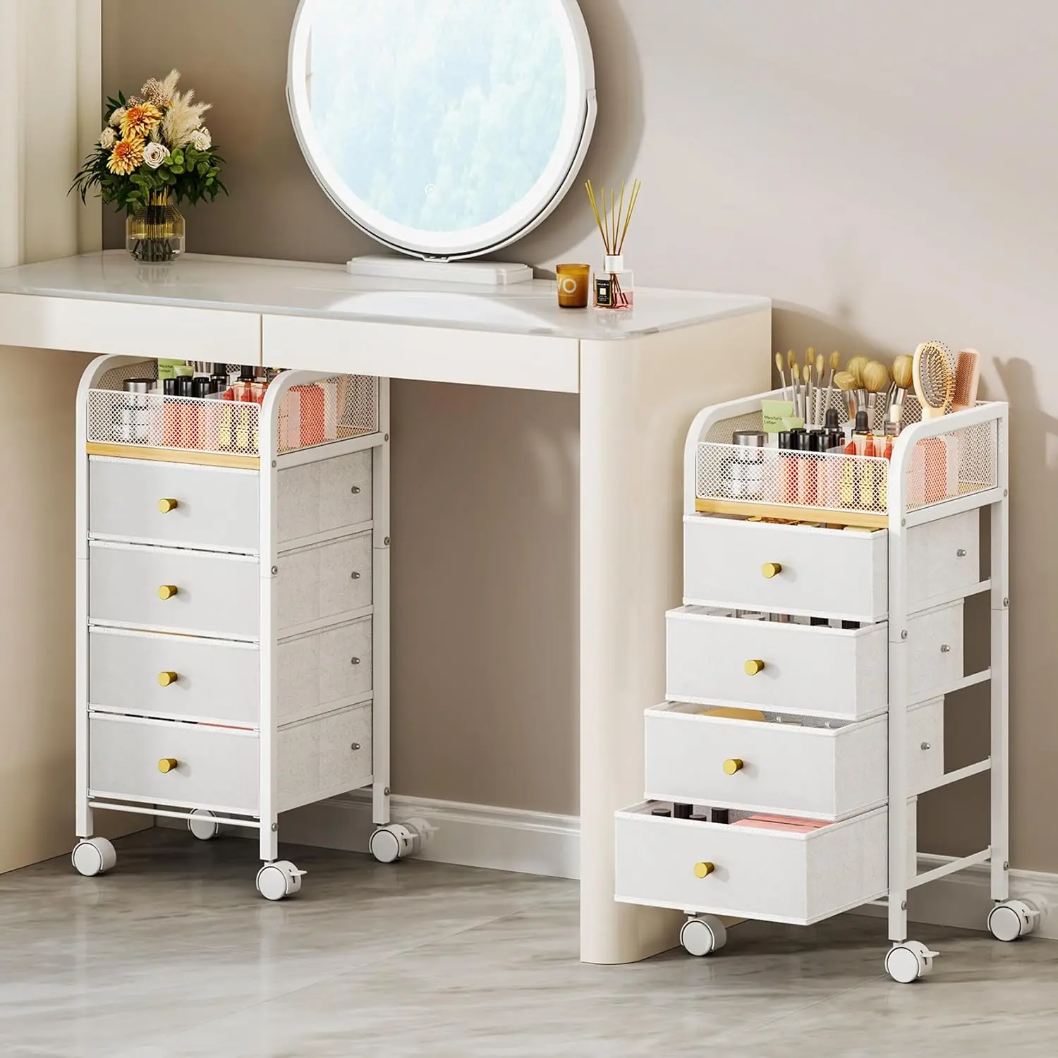 

Rolling Makeup Organizer Cart with 3 Drawers and 9 Compartments for Cosmetics, Skincare, and Hair Tools