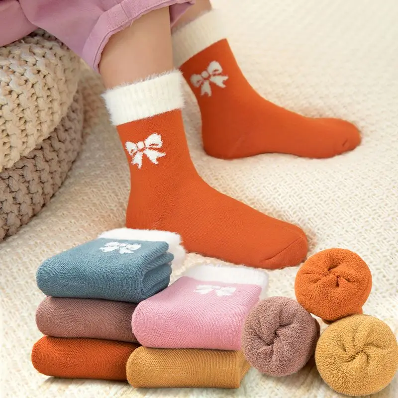 5Pairs 1-16Years Children Winter Ultra Thick Terry Socks Bow Moisture Wicking and breathable school socks walking For Walking