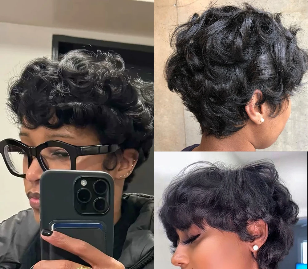 باروكة شعر بشري برازيلي قصيرة مجعدة على شكل بيضة مع غرة منزوعة مسبقًا للنساء مصنوعة آليًا شعر بشري قصير مجعد 100%