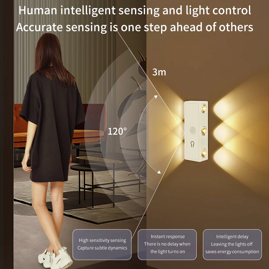 USB Rechargeable Motion Sensor LED Wall Light Touch Dimmable 3 Color RGB Night Lamp Wireless Punch Free  Stair Hallway Cabinet