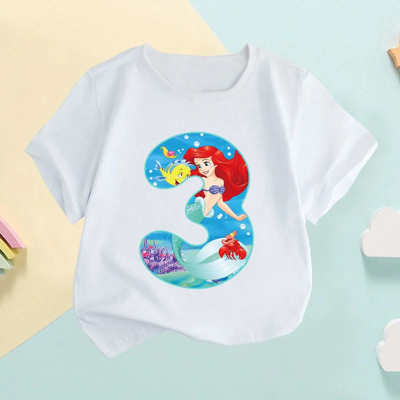 The Little Mermaid Ariel Princess Number Kids T shirt Girls Clothes 1 2 3 4 5 6 7 8 9 Years Birthday Baby Boys T-Shirts,HKP2764