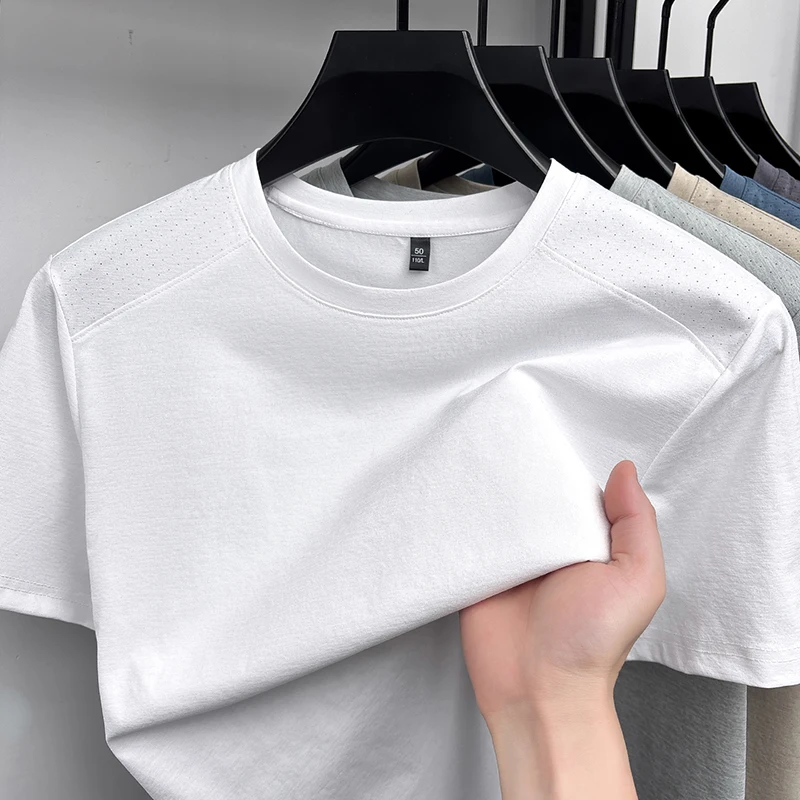 Cool Touch Schulter-Mesh-Perforiertes T-Shirt für Herren Rundhals Raglan Stretch Atmungsaktiv Anti-Schweiß Jogging Walking Basis-Bekleidung – Detail 3