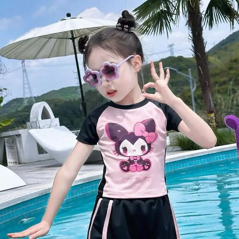 Kawaii Anime Kuromi Swimwear Shirt Pants Set Summer Cute Cartoon Swimsuit Kids Beach Swimming Clothes Quick Dry Gifts for Kids