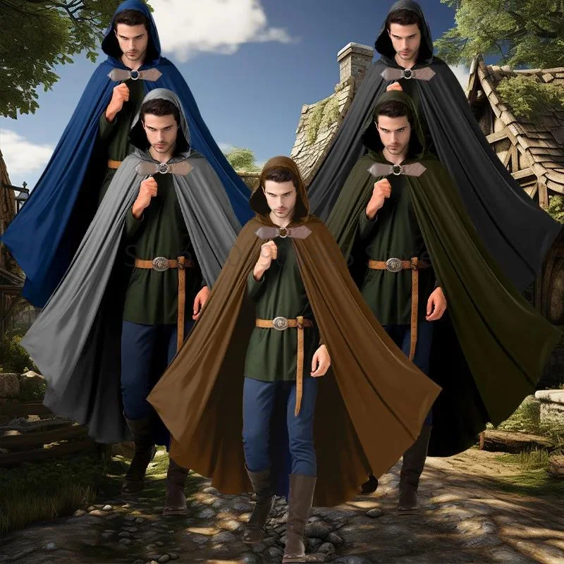 

Medieval Cloak Men Retro Hooded Long Cape Coat Pirate Viking Cos Halloween Party Gothic Cosplay Costume Halloween Black Cloaks