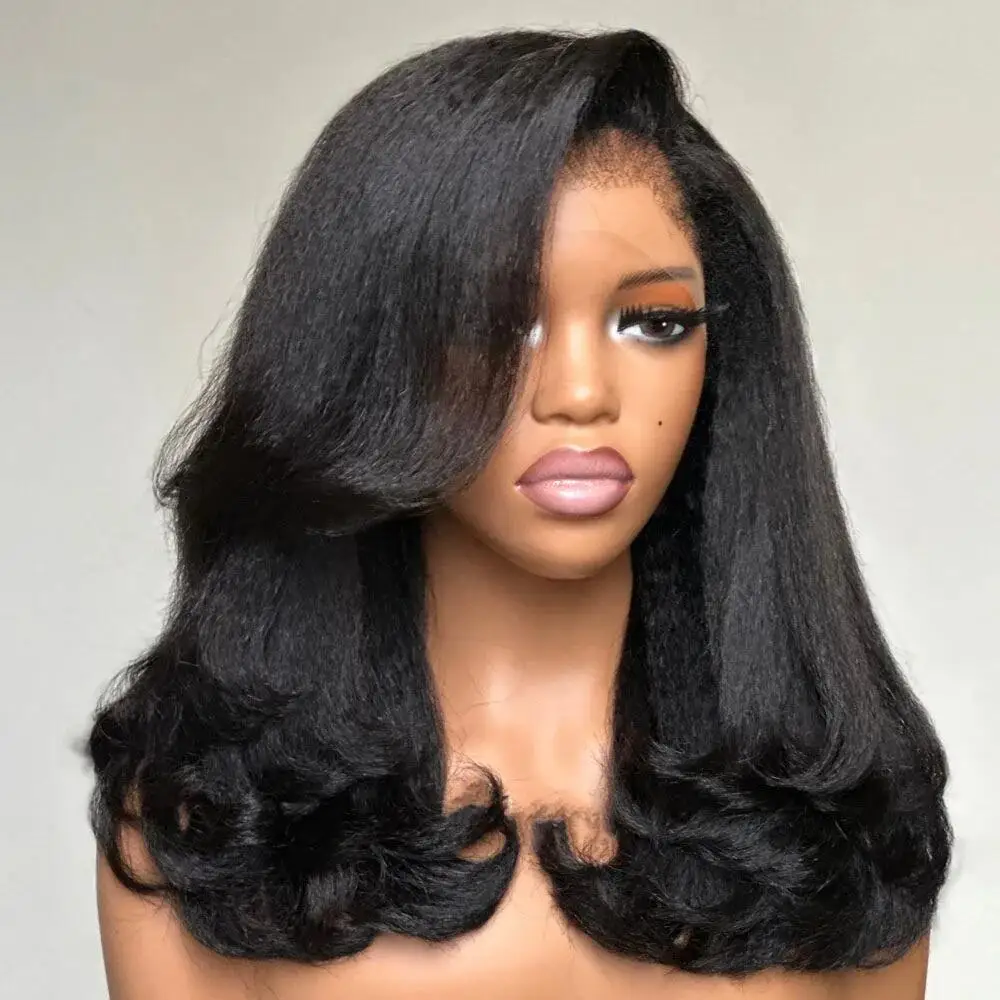 Perruque Lace Front Wig Yaki ondulée noire naturelle, 26 pouces de Long, pre-plucked, densité 180, avec cheveux de bébé, sans colle, bonne Texture, pour femmes
