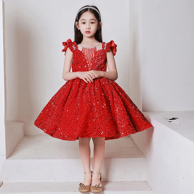 Little Girls Sparkle Sequin Dress Formal Party Banquet Gown Girls Beauty Game Dresses Pearls Kids Evening Cocktail Puffy Dress