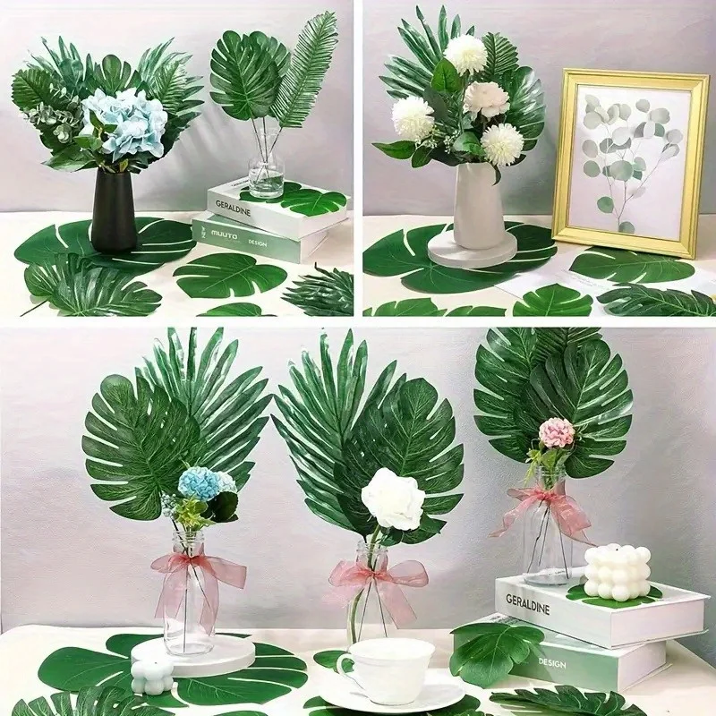 10/56pcs Tropical Palm Leaves Set - Artificial Safari Jungle Leaf Decorations with Stems for Party Home Accents